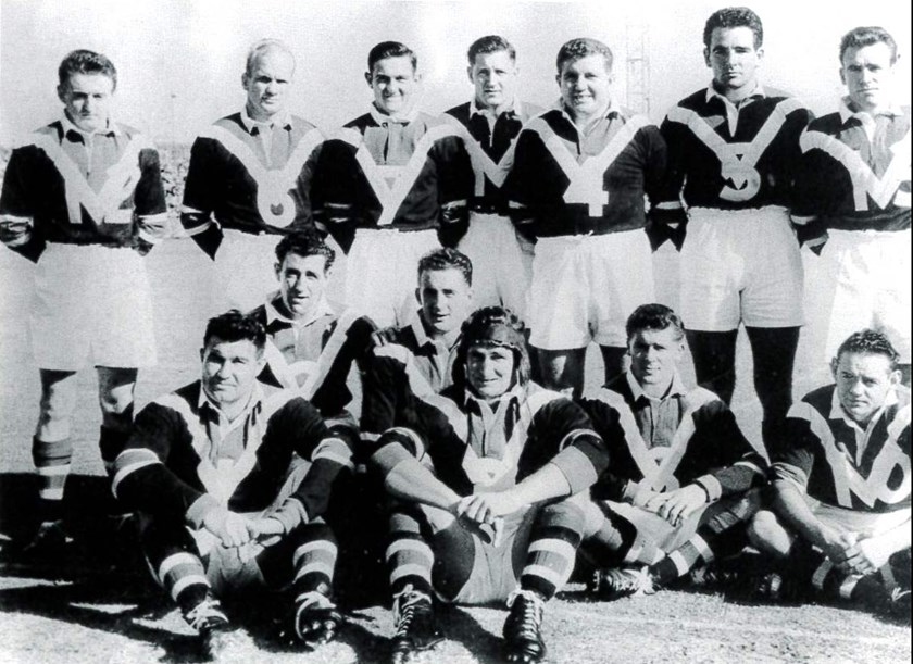 Red and White V Revolution: The 1954 Roosters were the first to wear the now famous 'V' design. Johnny Bell was one of those players (centre, wearing headgear). 