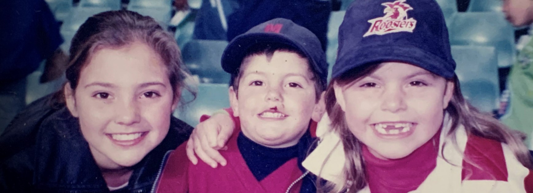 Rooster Since the Start: A young Jess Sergis (far right) at a Roosters game with her siblings. 
