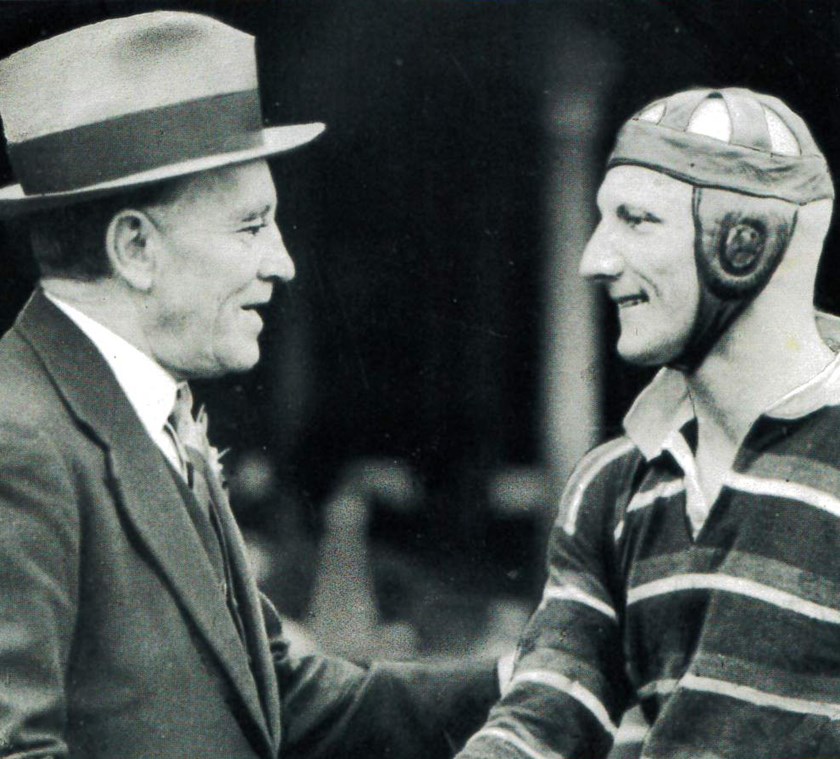 One Legend to Another: Dally Messenger congratulates Dave Brown on breaking his point-scoring record in the final round of the 1935 season. 
