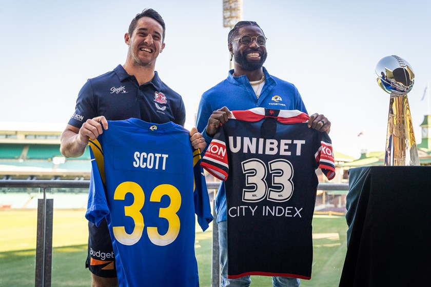 Roosters and Rams: Nat Butcher and Nick Scott swap jerseys, with Scott's famous no.33 emblazoned on the back. 
