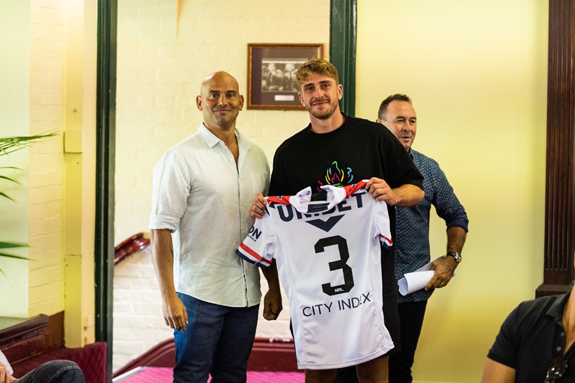 Handing Down the Jersey: Shannon Hegarty presented fellow centre Paul Momirovski with his 2022 Heritage Jersey at the Round 6 Captain's Run.  