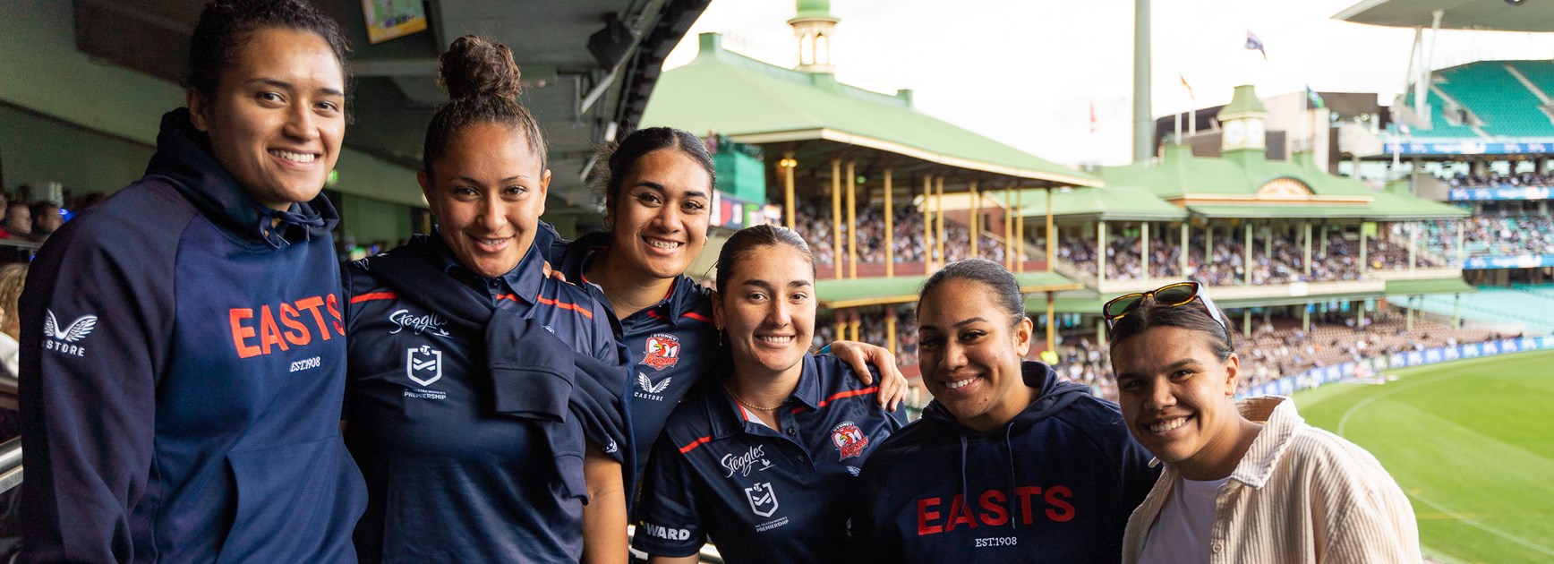 Inspiring the Next Gen: (From left to right) NRLW stars Zahara Temara, Shaniah Power, Otesa Pule, Olivia Kernick and Pani Hopoate alongside Jada Whyman at the SCG earlier this year. 
