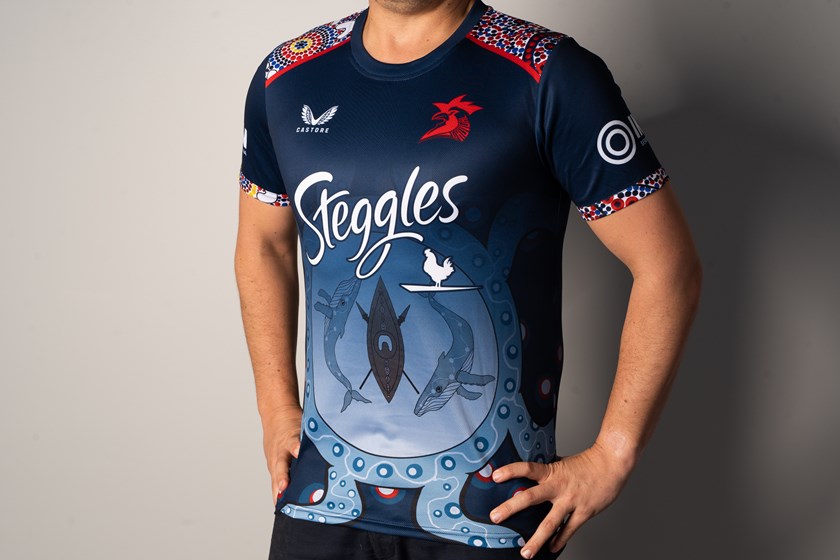 The Sydney Roosters 2023 Indigenous Training Shirt, designed by Evie Smith and Ellie-Rose Trindall-Welsh.