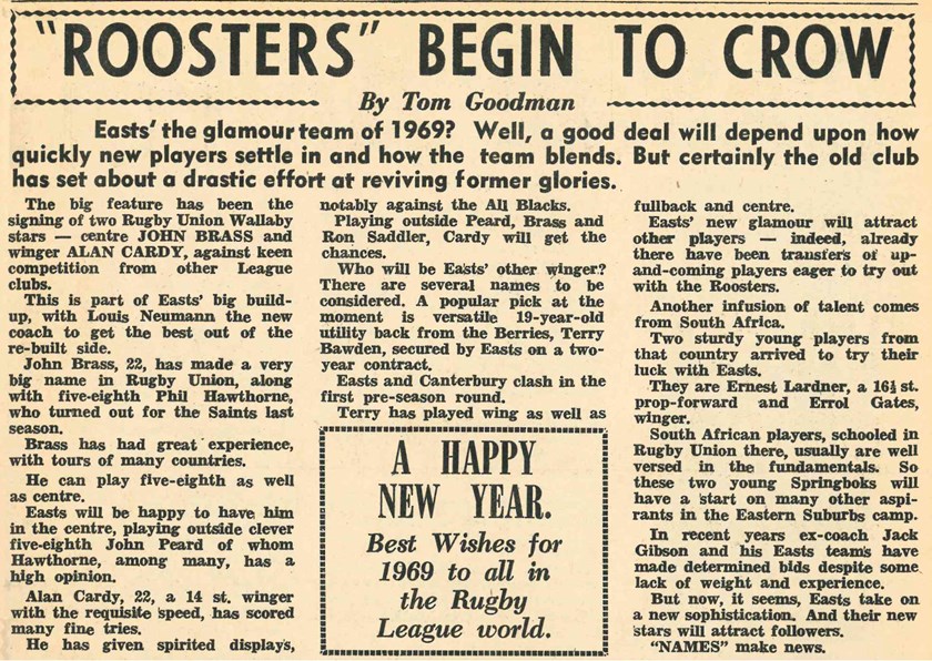 First Time For Everything: Tom Goodman's "ROOSTERS" BEGIN TO CROW article in The Rugby League News was the first known instance where the Club was referred to as the Roosters in the media.
