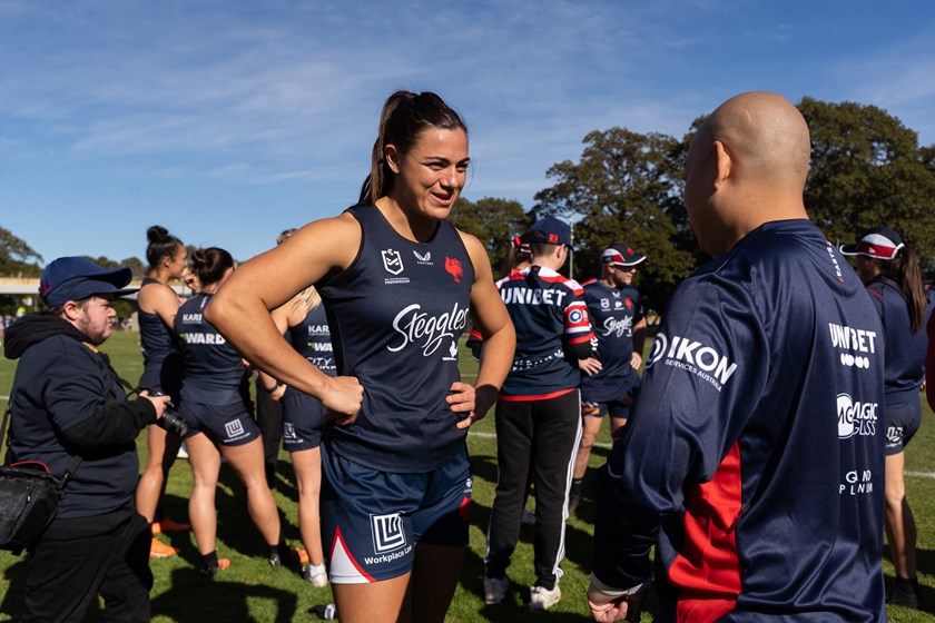 Roosters NRLW Prop Millie Boyle chats to the PDRL team following a pre-season training session. 