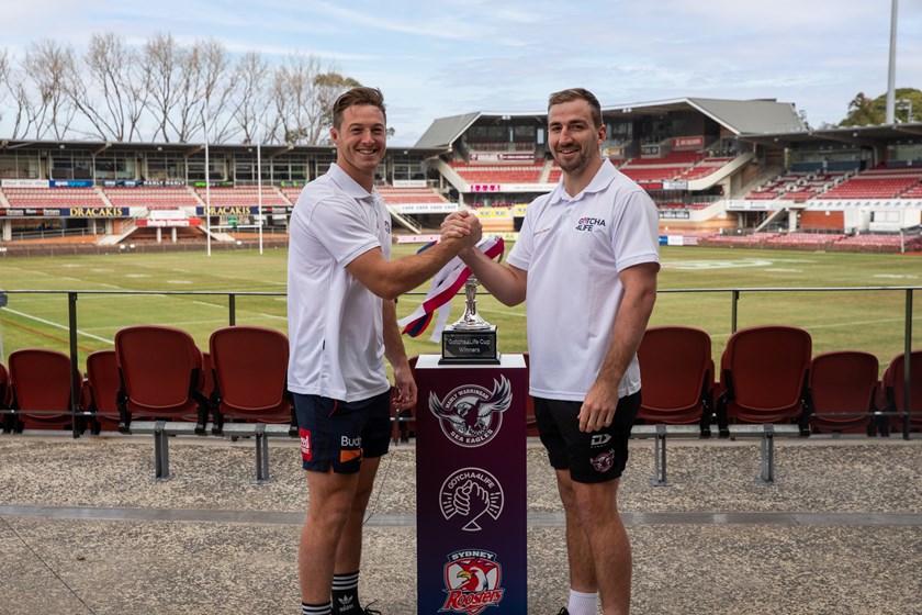 Greater Cause: Sam Verrills, a proud Gotcha4Life ambassador was on hand for the official Gotcha4Life Cup announcement at Brookvale Oval with Sea Eagles hooker Lachlan Croker. 