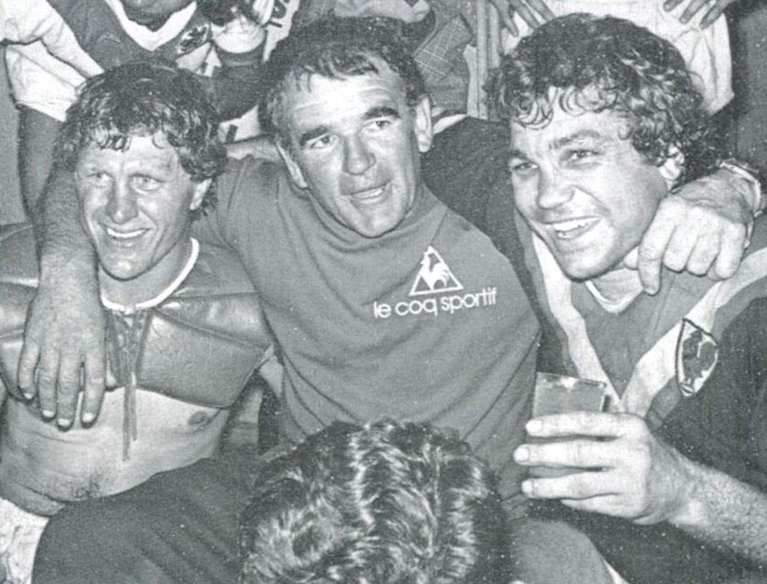 Three of the Best: Ron Coote (left) and Arthur Beetson (right) celebrate Premiership glory with Head Coach Jack Gibson.