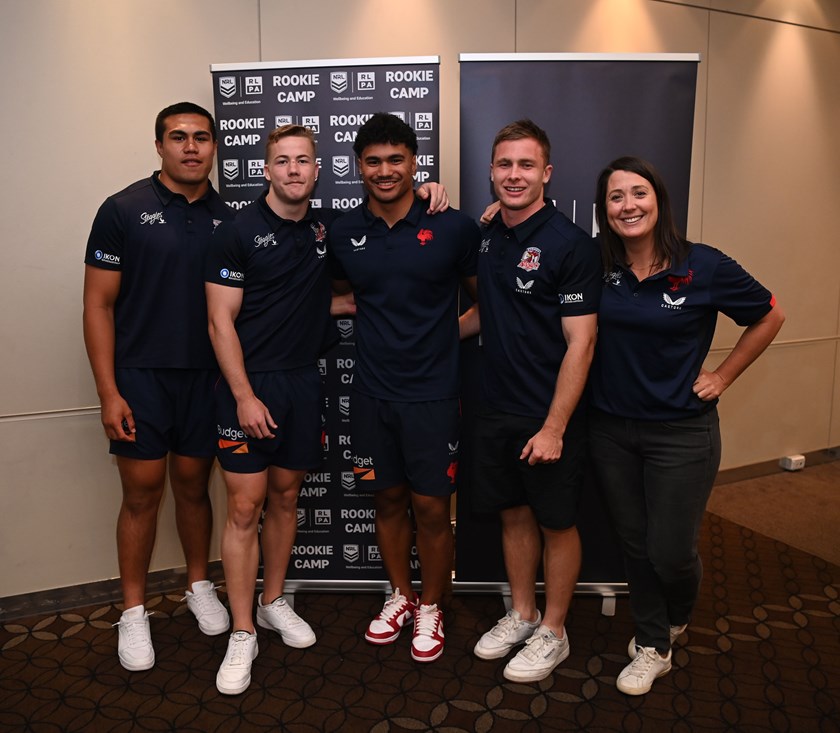 Ready to Rise: (from left to right)  Xavier Va'a, Tyler Moriarty, Robert Toia and Ethan King at the 2022 NRL Rookie Camp. 