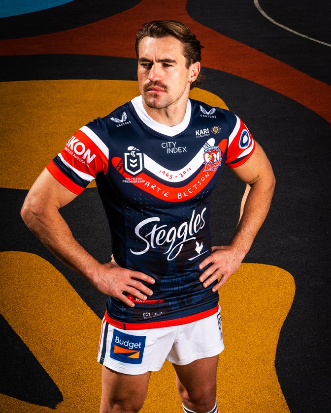 Proud Gamilaroi man Connor Watson wears the 2023 Roosters Indigenous Jersey, designed by Bianca Beetson.