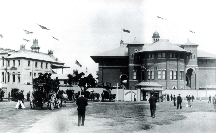 Foundation Years: The Sydney Cricket Ground exterior in the early 1910s, shown with a horse and cart on the left. 