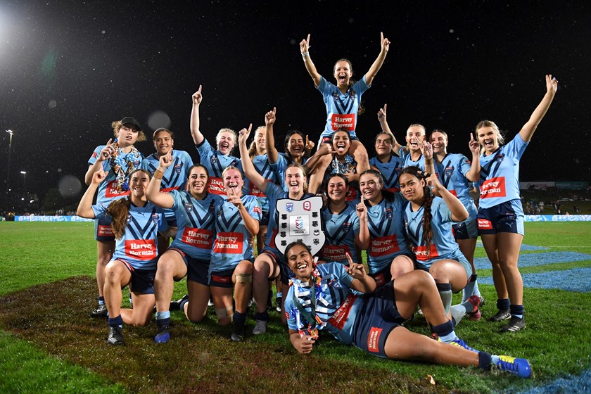 State of Origin Winners; The NSW Blues Under 19s celebrate their tense victory over the QLD Maroons on Friday night. 