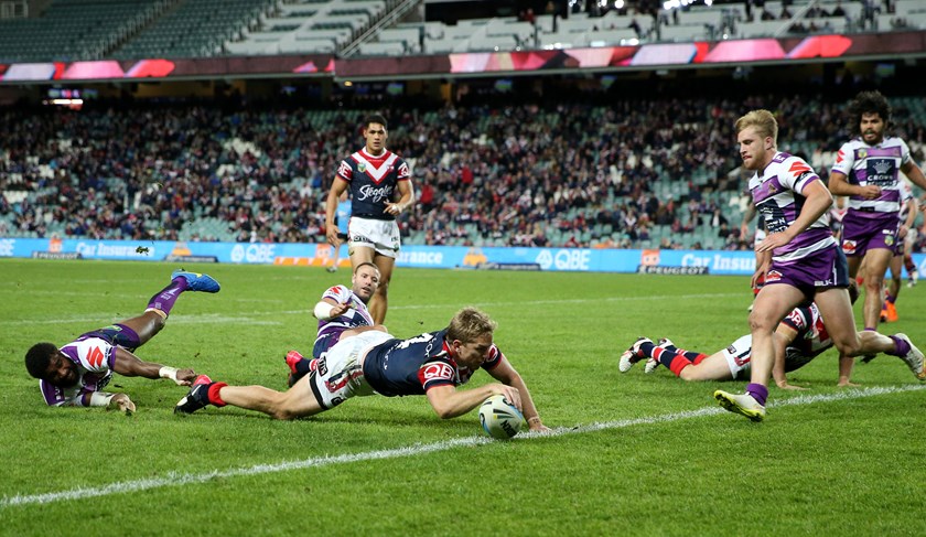 He's Over: Mitchell Aubusson scores a well-deserved try against the Melbourne Storm at the Sydney Football Stadium, Round 12, 2015. 