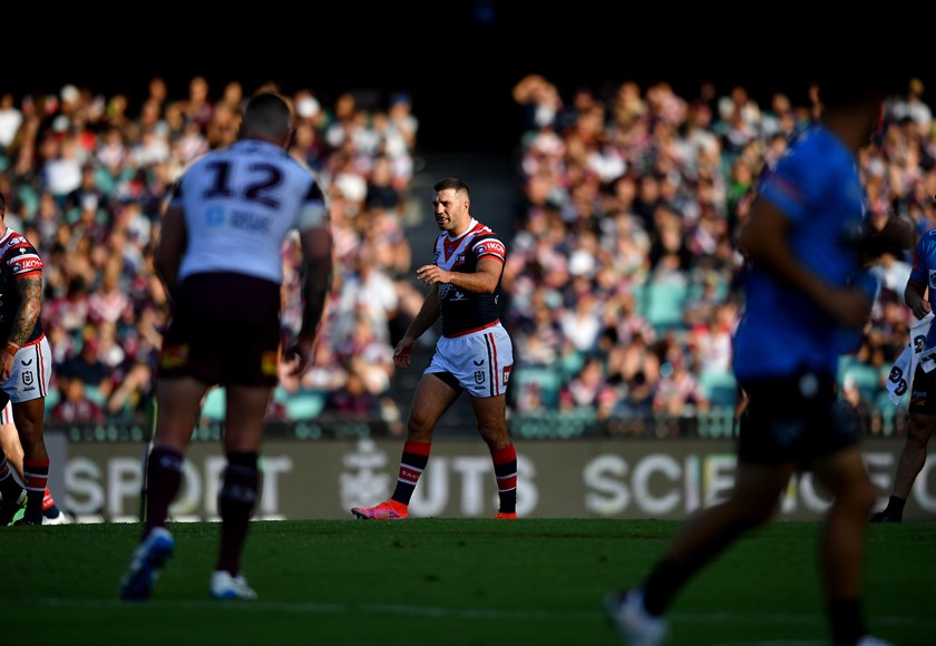 James Tedesco looks on in front of a healthy SCG Crowd in the 46-4 win over Manly in 2021.