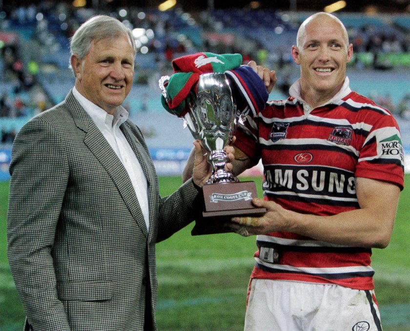 Roosters Royalty: Captain Craig Fitzgibbon pictured alongside Club Legend Ron Coote with the inaugural Ron Coote Cup in 2007. 