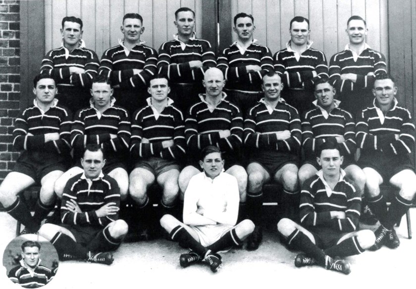 Back Row: Harry Pierce, Joe Pearce, Jack Arnold (Suspended), Rod O’Loan, Ray Stehr (Final Captain), Andy Norval
Front Row: Noel Hollingdale, Harry Nobbs (Reserve), Stan Callaghan, Dave Brown (Injured Captain), Dick Dunn, Bill Brew, John Clarke
Seated: Doug Bartlett, R. Steel (Ball Boy), Sel Lisle
Absent: Fred May (inset)
