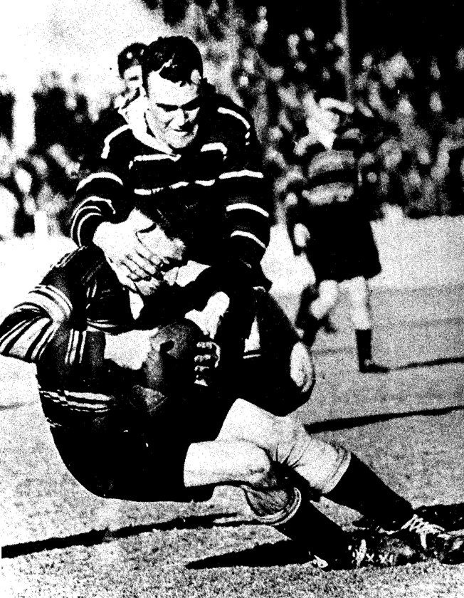 Ferocious: Stand-in captain Ray Stehr takes down a Balmain player in 1940 - his aggressive style and Chuchillian-like speech influenced his teammates to take out the Grand Final. 