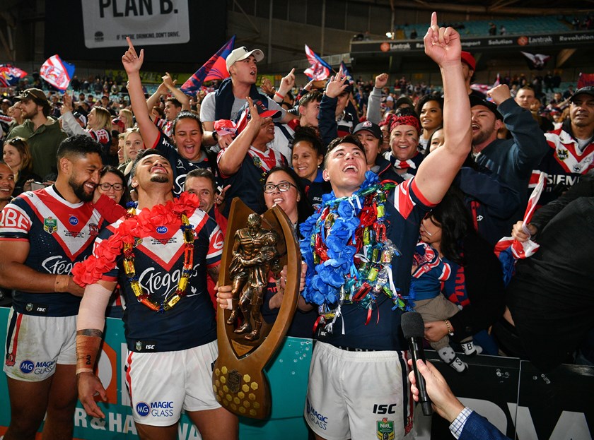 Manu and Zane Tetevano relish in the glory of the 2018 Premiership. 