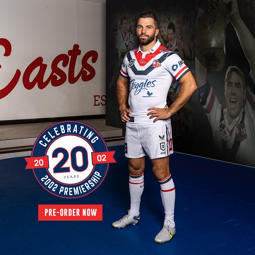 Celebrating 20 Years: James Tedesco will lead the Roosters out on Sunday afternoon in an all-white kit highlighted by the collared 2022 Heritage Jersey. 