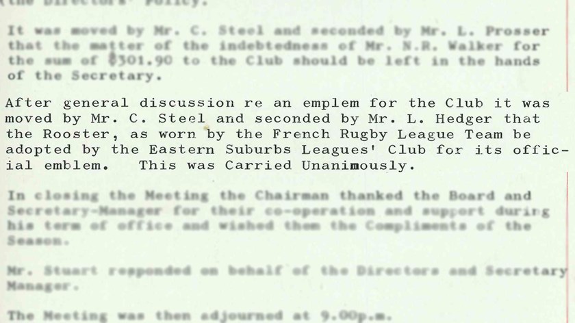In Writing: This 'Minutes of Board Meetings of Eastern Suburbs Leagues Club' excerpt from November 20, 1966, states the Club's decision to adopt the Rooster as the official logo. 