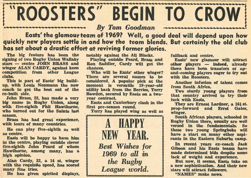 First Time For Everything: Tom Goodman's "ROOSTERS" BEGIN TO CROW article in The Rugby League News was the first known instance where the Club was referred to as the Roosters in the media. 