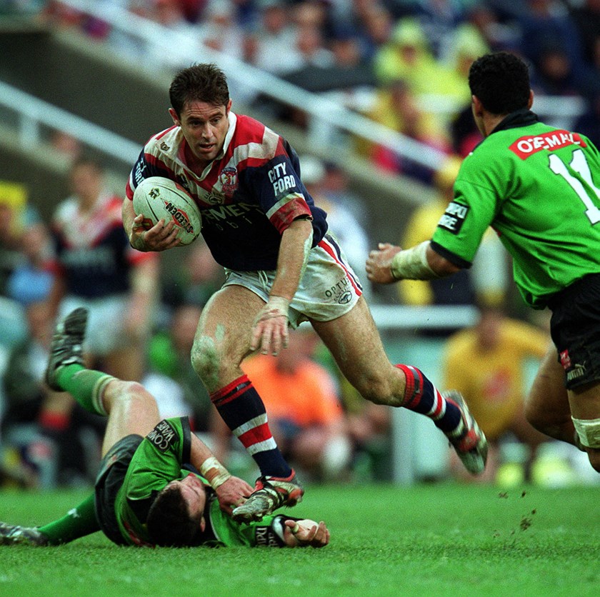 Go Freddy: Brad Fittler takes on the Canberra Raiders defence. 