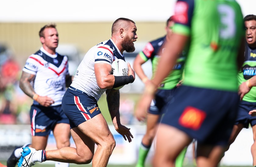 Enforcer: Jared Waerea-Hargreaves charges head-on into the lime green defence. 