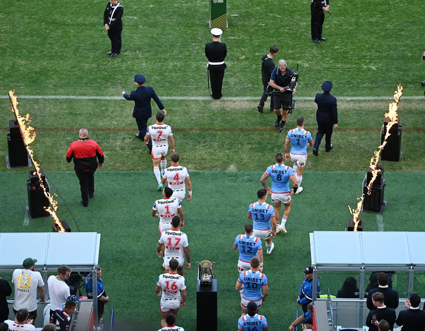 James Tedesco leads the Roosters out of the tunnel before the Anzac Day Ceremony.
