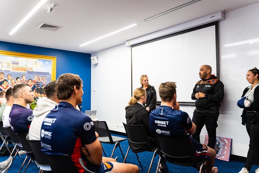 Educators: (L to R) staff members Charmaine Piper, Jason Solomon and Zoe Khan presented to the NRL squad to explain the School to Work program, as well as the achievements of the four students. 