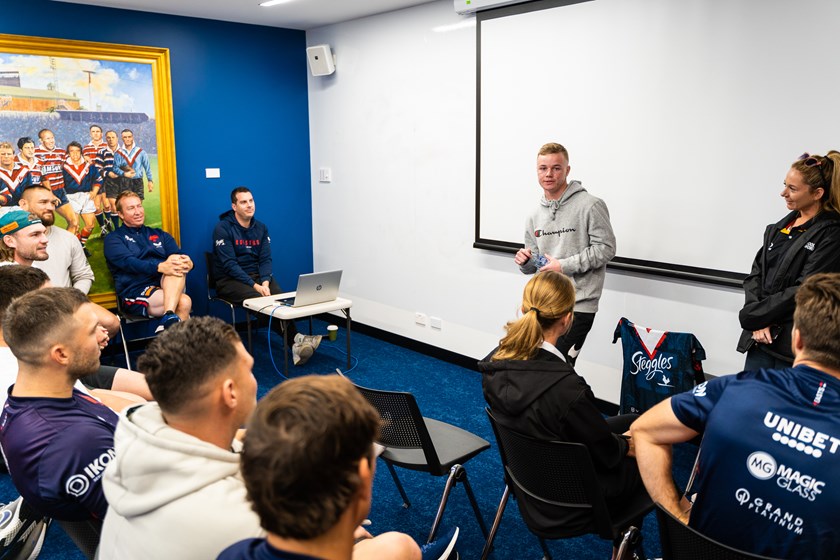 Meet and Greet: The four students introduced themselves and elaborated on their career aspirations to the NRL squad, with plenty of cheers and support from the crowd. 