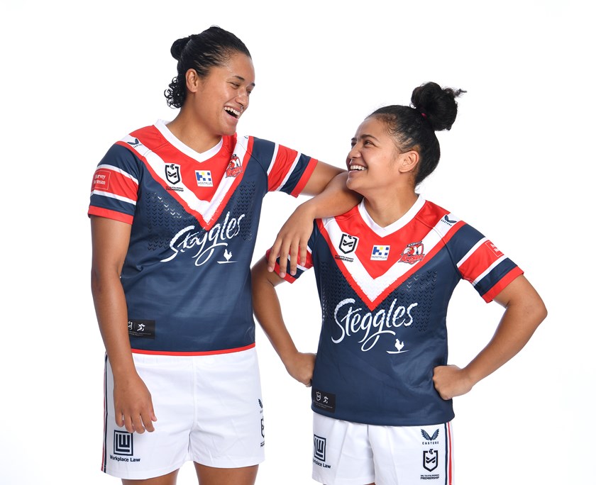 Nice One, Sis: Zahara (left) and Chante (right) Temara will create history on Sunday afternoon by becoming the first set of sisters to line up for the Sydney Roosters in the NRLW. 
