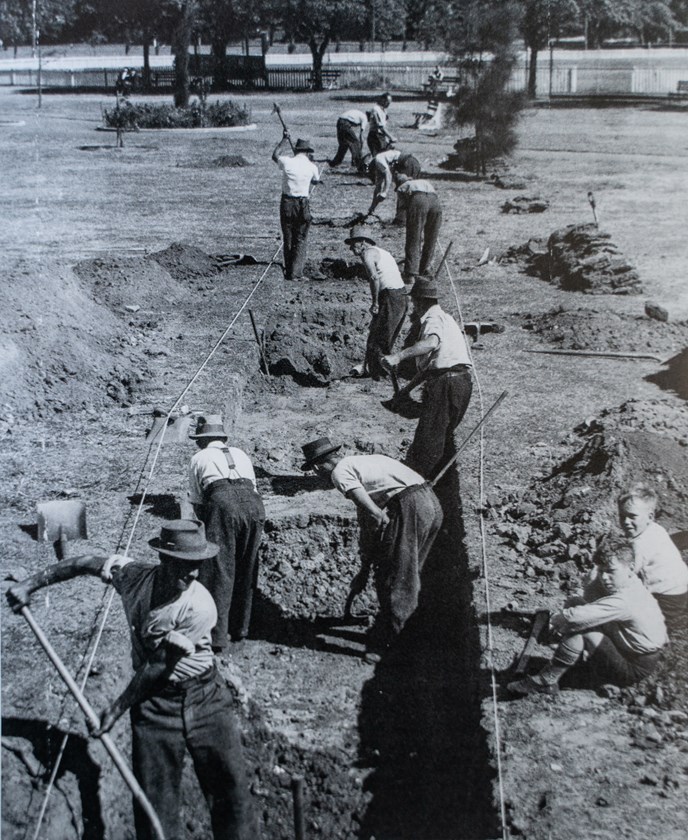 Preparing for War: Fear Gripped Sydney, particularly after the eastern suburbs were shelled in 1942: here players dig trenches in Rushcutters Bay Park in case of invasion.