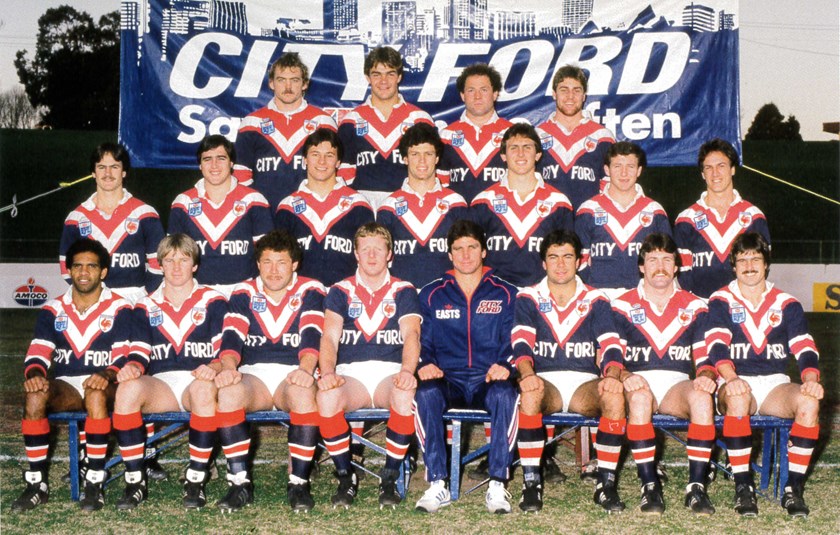 The 1984 Roosters: Back row from left: Terry Regan, Paul Dunn, Dane Sorensen, Darren Finlayson; middle row: Gary Wurth, Steve Hardy, Earnie Garland, Mark Beaven, Mark Wheeler, David Greene, Mike Eden; front row: John Ferguson, Glenn Leggett, Kurt Sorensen, Shane McKellar, Laurie Freier (Coach), Scott Gale, Kevin Hastings, Graeme Atkins.