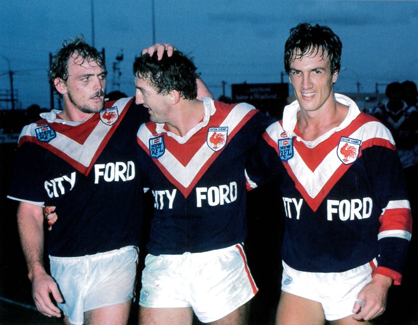 Three Amigos: Terry Regan, Russell Gartner and Mike Eden celebrate. In 1983, Eden (far right), would go on to claim the Rothman's Medal and break Dave Brown's 48-year Club record of most points in a year with 256.