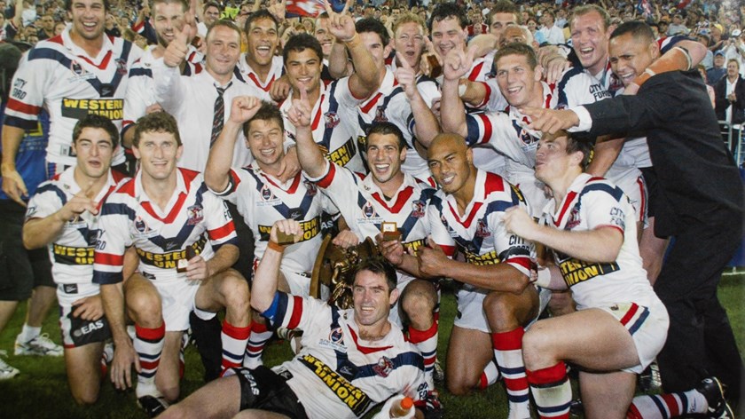 Champions Once More: The 2002 Premiers Celebrate with the Provan-Summons Trophy after their famous 30-8 victory over the New Zealand Warriors. 