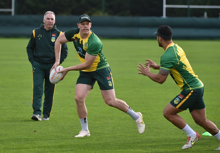 Ripping In: Linsday Collins on the training paddock in Manchester. The 26-year-old will join his grandfather Lionel Williamson as a World Cup representative for the Kangaroos. 