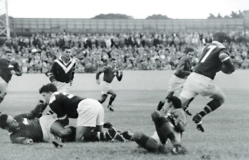 Runaway: Doug Ricketson (number seventeen) streaks away against Souths at the SCG in the early 1960s. Easts took out the match 22-7, with Ricketson scoring a try. 