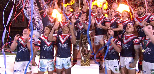 Roosters lift the the 2018 Premiership trophy