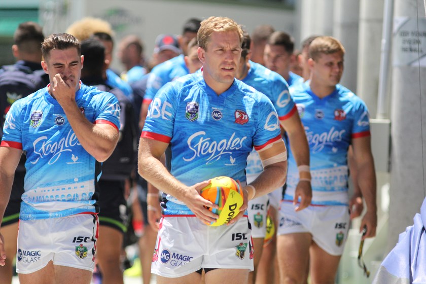 Mitchell Aubusson leads the Roosters out for their first game in the NRL Auckland Nines.