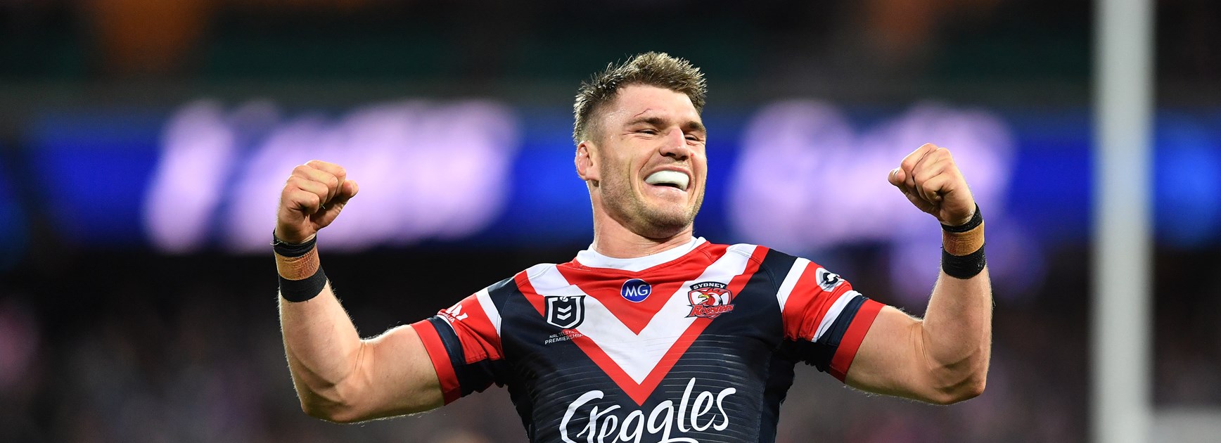 Angus Crichton celebrates his team making it to the NRL Grand Final after a win over the Melbourne Storm.