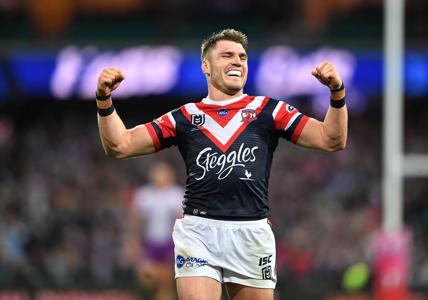 Angus Crichton celebrates his team making it to the NRL Grand Final after a win over the Melbourne Storm.
