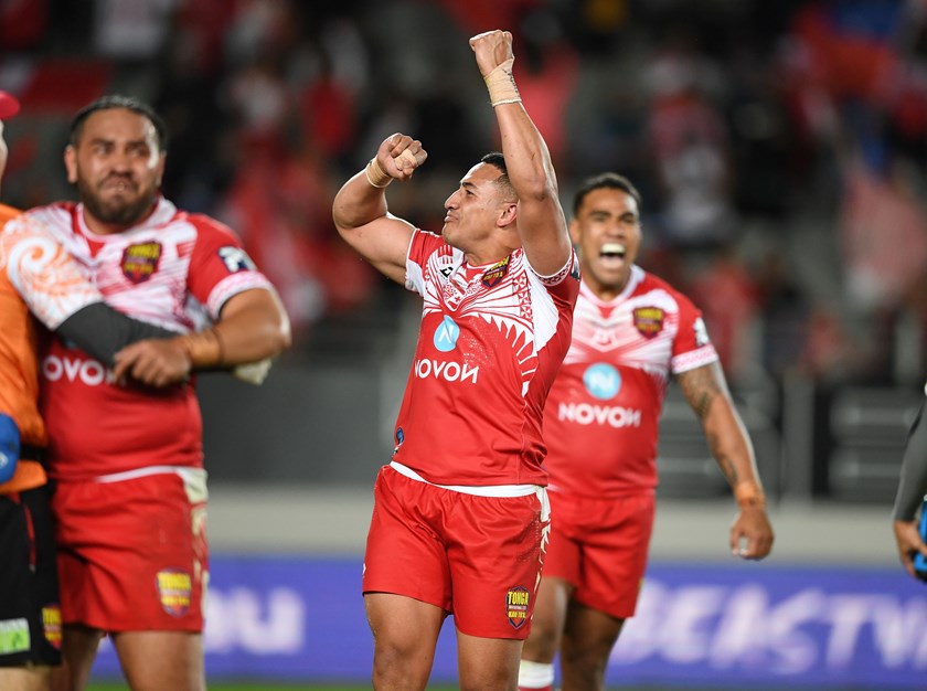 Taukeiaho celebrates after an upset win over the Kangaroos.
