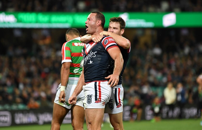 Cordner shouts the cry after scoring against the Rabbitohs in the Qualifying Finals.