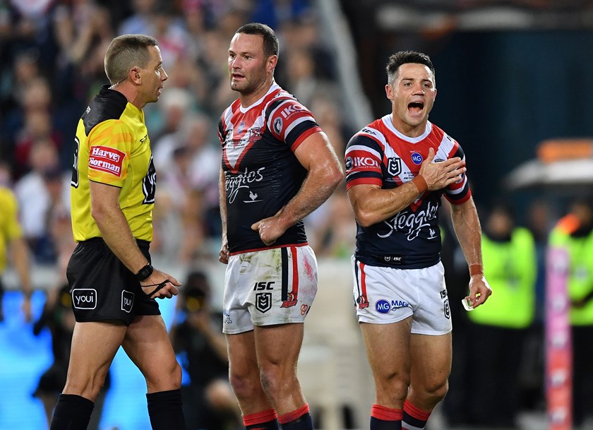 Cooper Cronk shouts a message to the troops before heading to the sin bin in the NRL Grand Final.