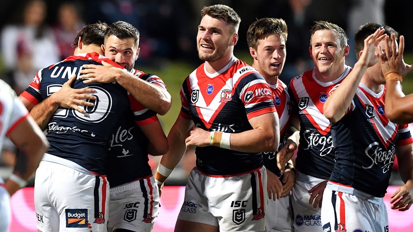 The debut class of 2019 and James Tedesco celebrate the debut try of Billy Smith!