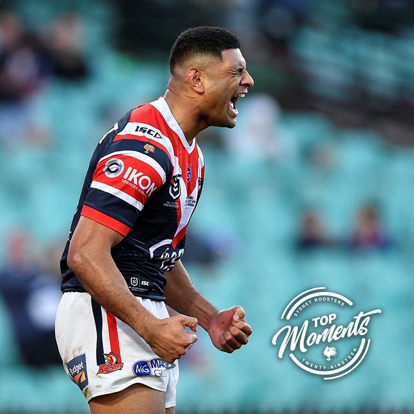 Daniel Tupou shouts the cry after scoring the final try in his 150th NRL match.
