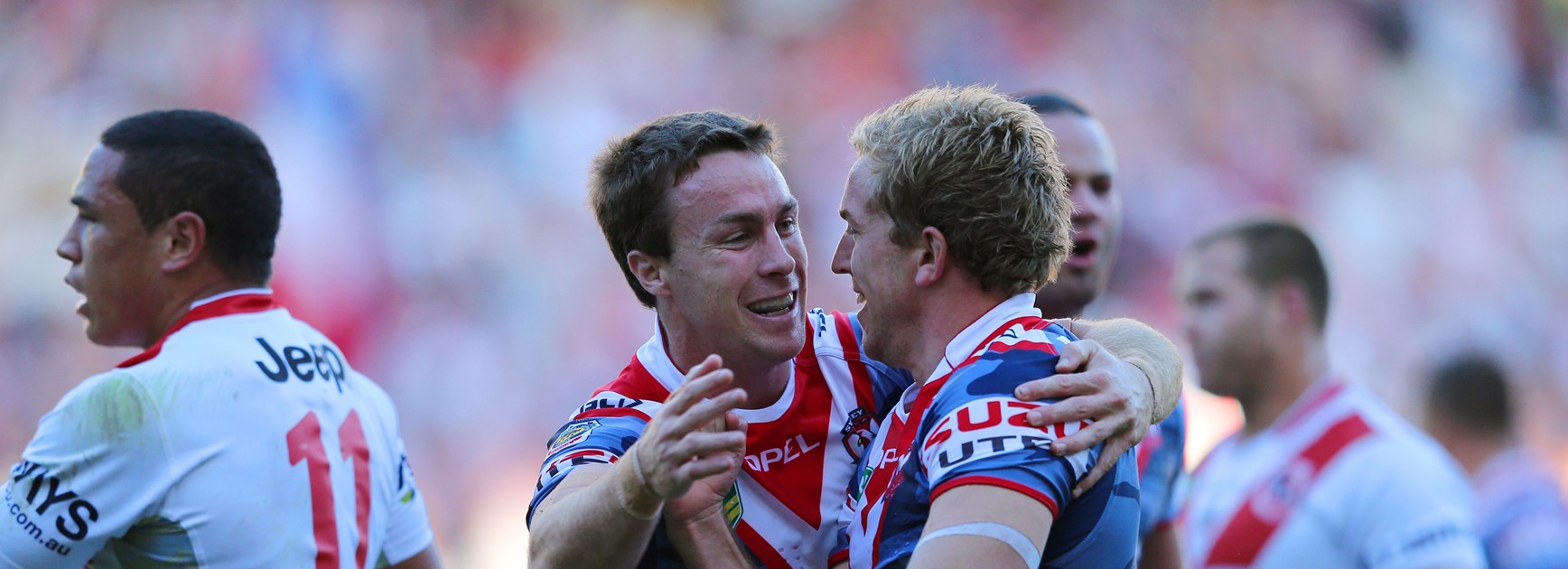 Mitchell Aubusson scores against the Dragons in the annual Anzac Day clash.