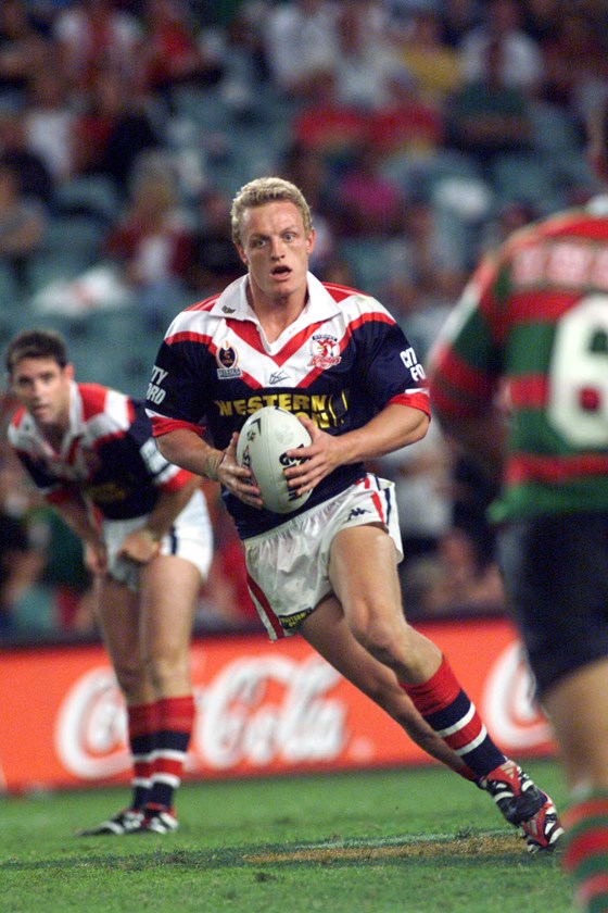 Ryan Cross taking it to the line against the Rabbitohs in 2002.