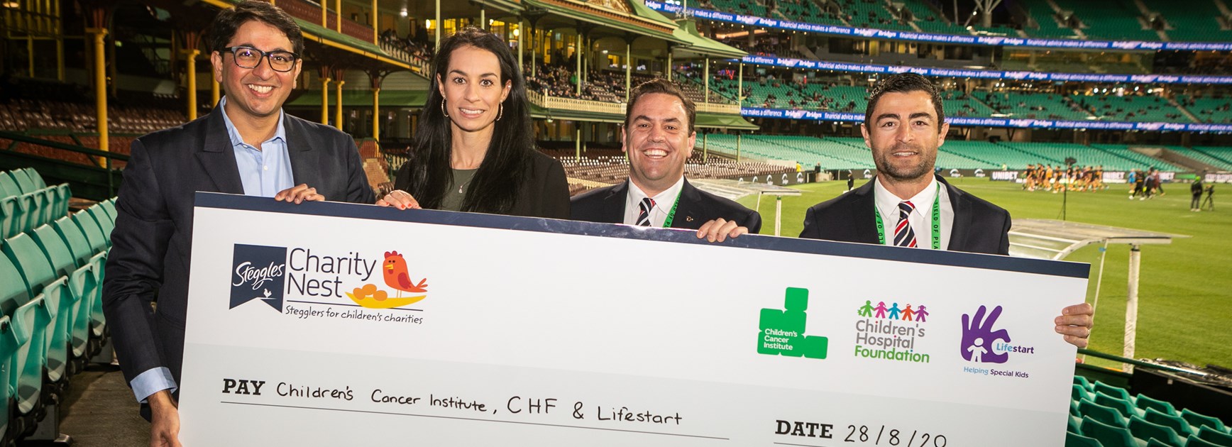 (From Left) Yash Ghandi, Head of Marketing, Steggles. Briony Harris, Corporate Partnerships Manager, Children’s Cancer Institute. Jarrod Johnstone, Chief Operating Officer, Sydney Roosters, Anthony Minichiello, Club Ambassador, Sydney Roosters  