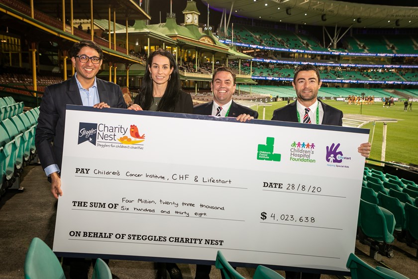 (From Left) Yash Ghandi, Head of Marketing, Steggles. Briony Harris, Corporate Partnerships Manager, Children’s Cancer Institute. Jarrod Johnstone, Chief Operating Officer, Sydney Roosters, Anthony Minichiello, Club Ambassador, Sydney Roosters  