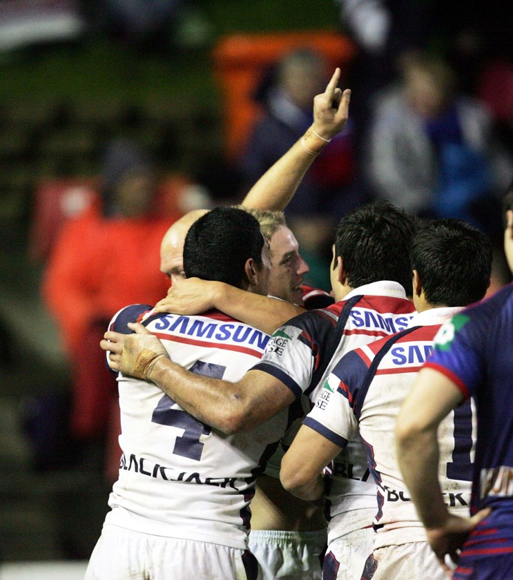 Aubusson celebrates scoring the game winning try in his first season with the Roosters.